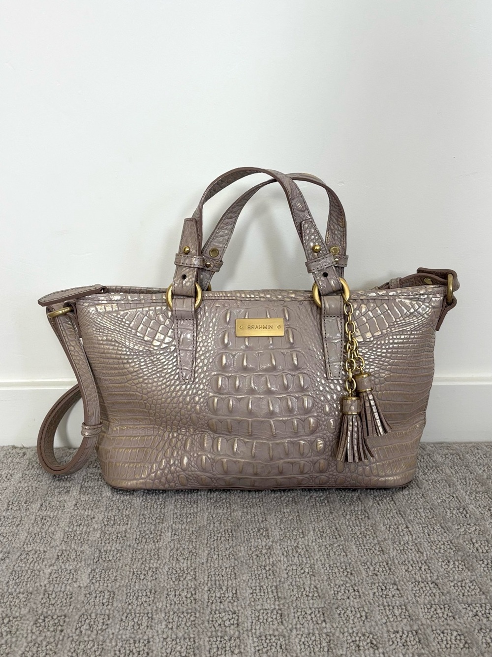 Brahmin Metallic Taupe Croc-Embossed Satchel with Tassel